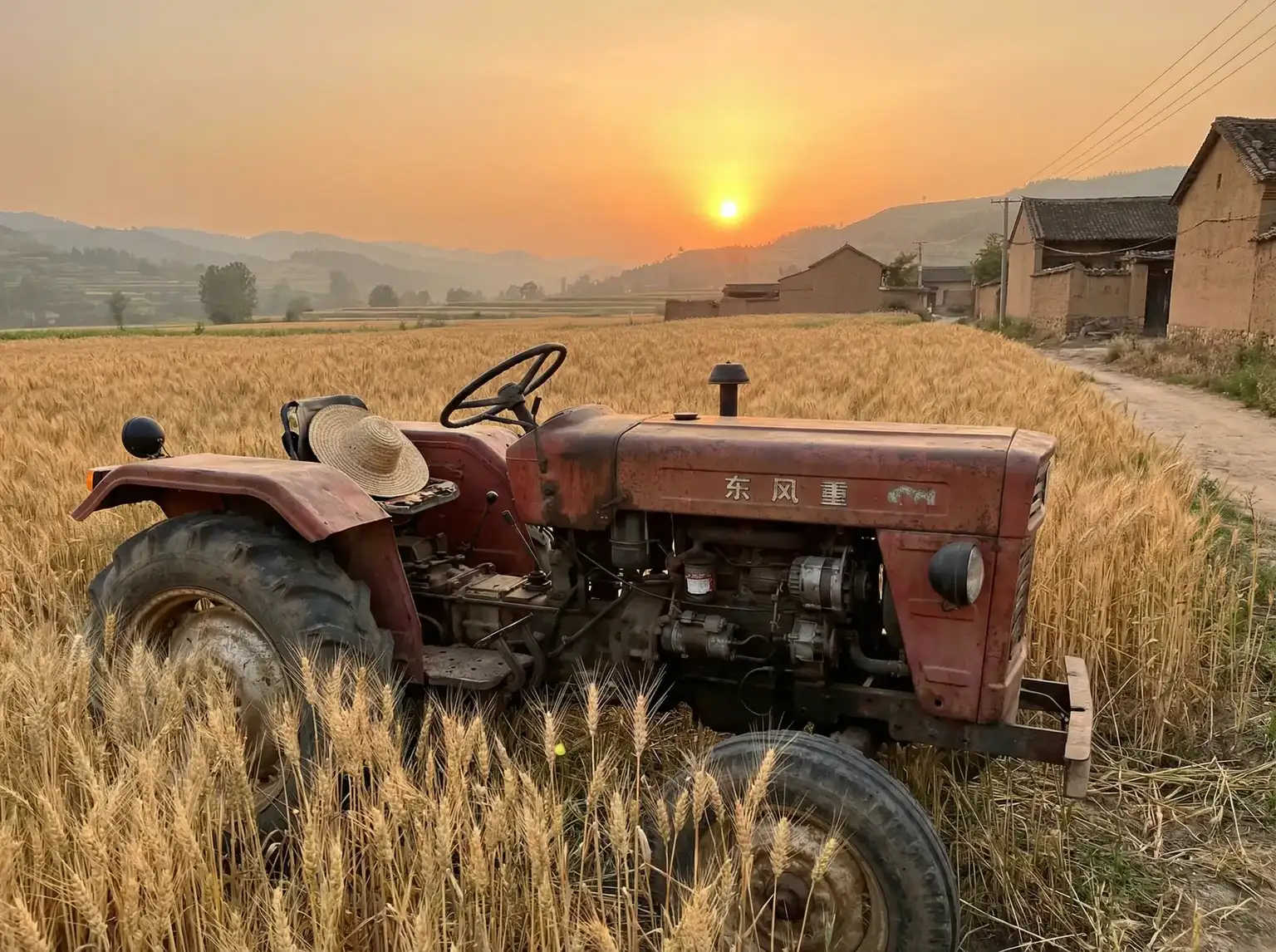 夕阳下的老式拖拉机停在麦田边 - 荔枝app在线汅api在免费 田间记忆